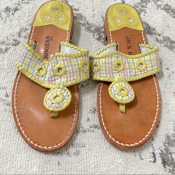 Jack Rogers Navajo Yellow Pastel Multi Plaid Leather Flip Flop Sandals 9 - Picture 6 of 9